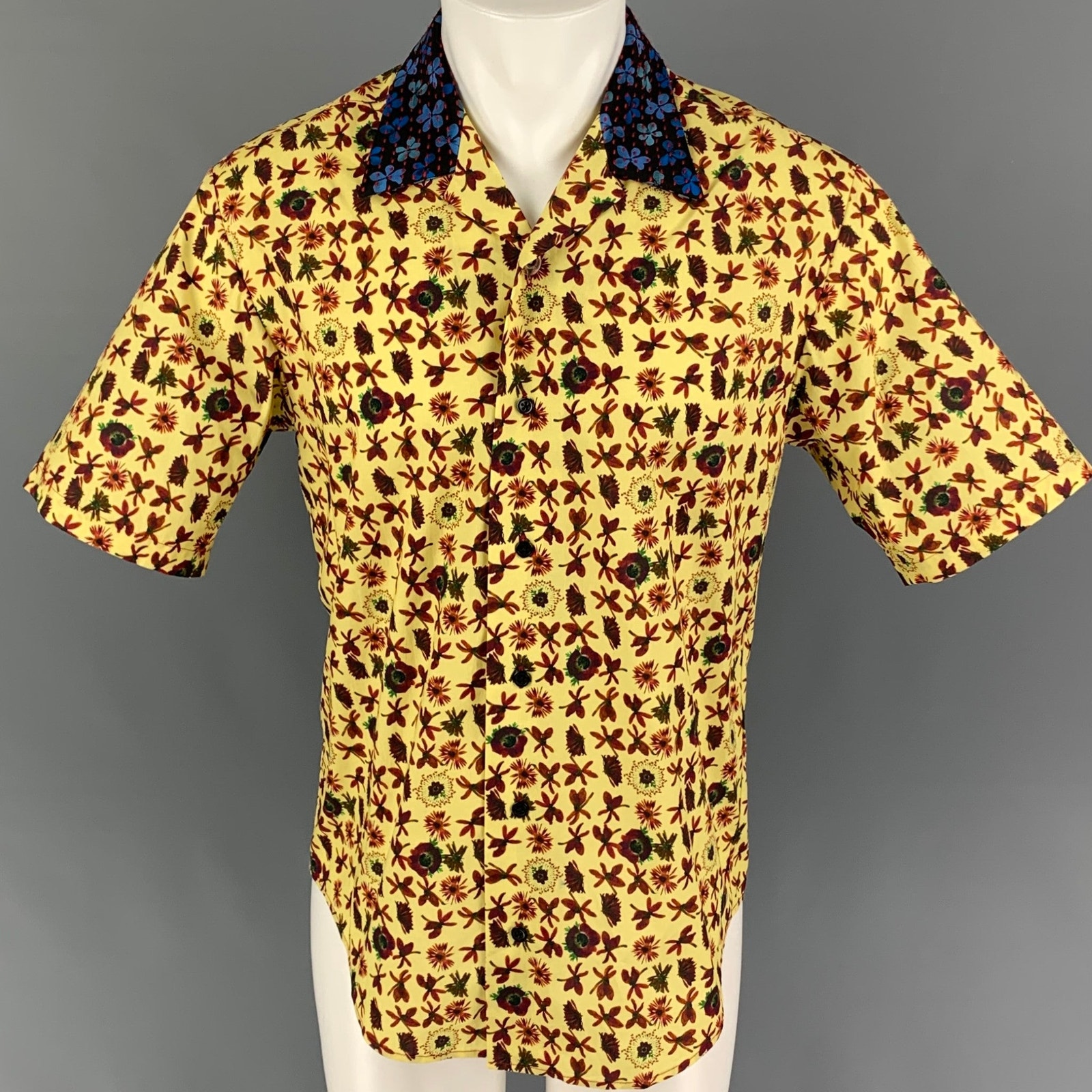 Jonathan Cohen Size S Yellow Blue Graphic Silk Short Sleeve Glen Shirt